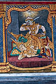 Bangkok Grand Palace, Ramakien murals of the gallery of the Wat Phra Kaew,  Hanuman (the white monkey) searches for Naang Sida in Tosakows palace (detail). 